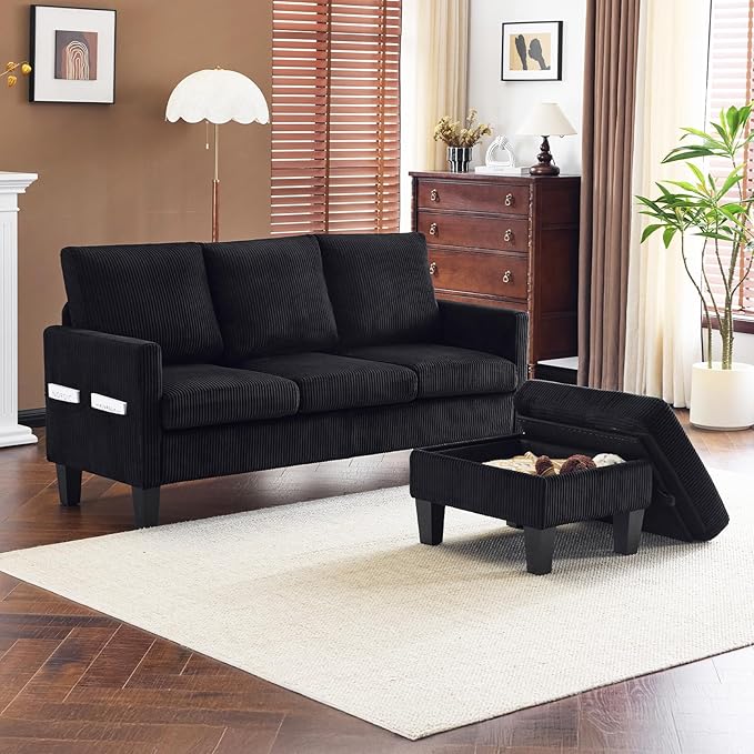 VINGLI 68.5' L Shaped Couch with Movable Storage Convertible Sectional Sofa in Corduroy Fabric Modern Reversible Chaise Couch for Small Spaces Apartment Living RoomBlack
