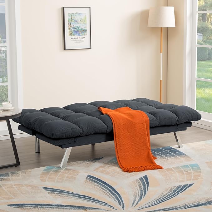 67” Convertible Futon Couch Bed Adjustable Pillow Top Arm Memory Foam Cloud Futons Loveseat Modern Light Gray Corduroy Mini Small Sofa Couches for Living Room