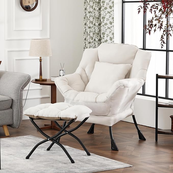Lazy Chair with Ottoman Large Accent Chair with Ottoman and a Throw Pillow Beige Reading Chair for Living Room Bedroom Dorm Room Office Apartment Relaxing Use