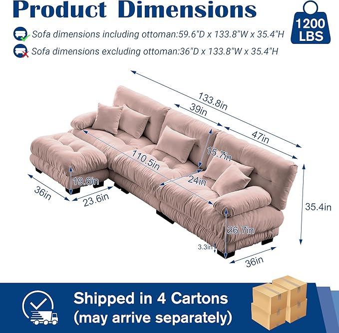 Oversized Cloud Couch Fluffy Sectional Couch for Living Room L Shaped Sofa with Movable Ottoman Chenille Pink