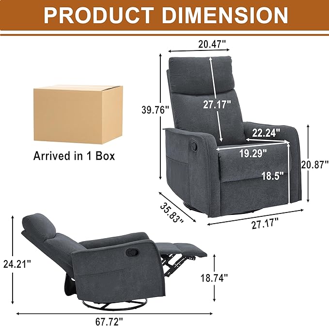 Manual 360° Swivel Rocker Recliner Chair for Adults Overstuffed Glider Chair for Nursery with Vibration Massage and Heat Comfy Soft Fabric Glider with Side Pockets for Living Room Dark Gray