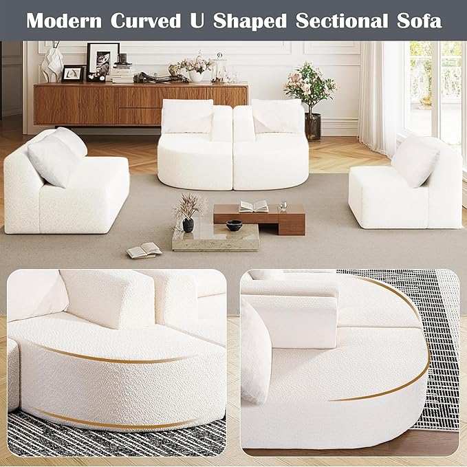 144 Sectional Couches for Living Room Comfy U-Shaped Cloud Couch with Chaise Lounge Modern Deep Seat Boneless Sofa No Assembly Required (Boucle White)