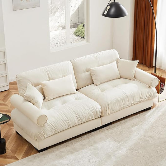 93.7 Oversized Modular Sectional Sofa 2-Seater Deep Seat Loveseat Cloud Couch with Pillows and Overthick Cushions Modern Velvet Comfy Sofa for Living Room Home Theater or Apartment Cream