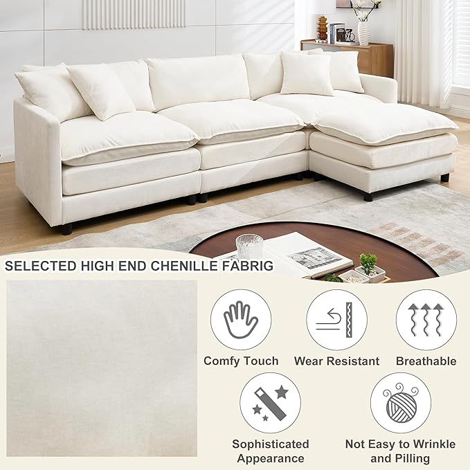 Oversized Modular Sectional SofaSofa Couch with Movable Ottoman Deep SeatSoft Chenille Corduroy Cloud Couches for Living Room ApartmentOffice(Beige 3+1 L)