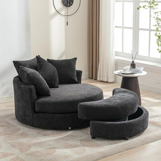 Merax 49 Oversized Round Chaise Lounge with Half Moon Storage Ottoman 360° Swivel Barrel Accent Chair &amp 4Pillows and Backrest Linen Upholstered Large Leisure Single Sofa for Living Room Gray