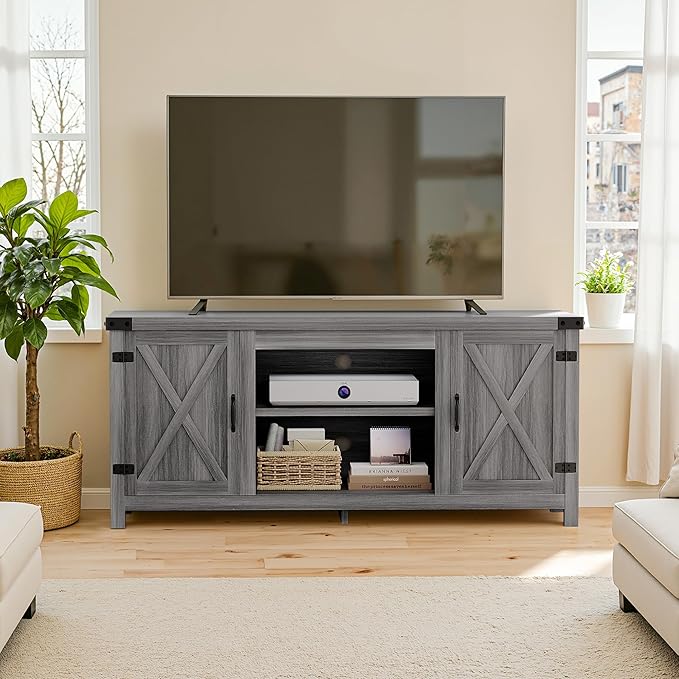 YESHOMY Modern Farmhouse TV Stand with Two Barn Doors and Storage Cabinets for Televisions up to 65+ InchEntertainment Center Console TableMedia Furniture for Living Room Grey