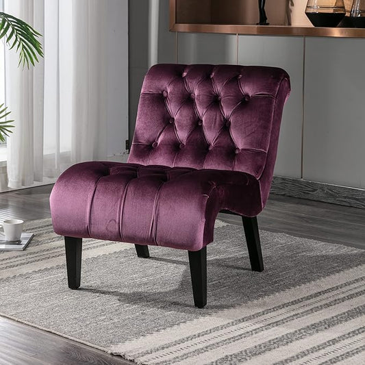 Yoluckea Modern Upholstered Accent Chair S-Shape Armless Lounge Chair for Bedroom Living Room Comfy Velvet Chaise Chairs with Button Tufted Back and Solid Wood Legs Purple