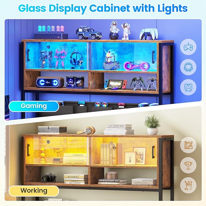 SEDETA L Shaped Computer Desk Home Office Desk with 2 Drawer and Bookshelf L Shaped Gaming Desk with LED Light Glass Cabinet and Storage Bag Corner Desk with Storage Shelves Rustic Brown