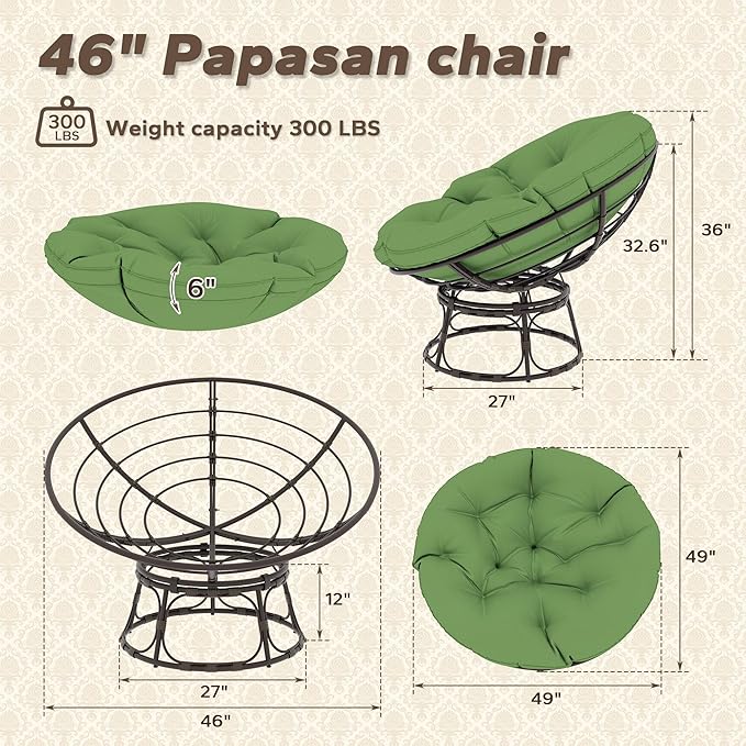 46'' Large Size Papasan Chair (Non-Swivel) with Cushion and Frame Lazy Chair for Living Room and Bedroom Green