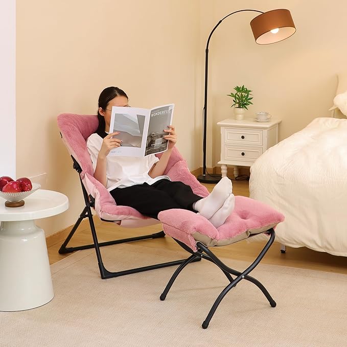 Comfy Saucer Chair for Adults Soft Faux Fur Bedroom Chair with Ottoman Accent Dorm Chairs Living Room Reading Chairs and Footstool Folding Seat for Teens X-Large Dusky Pink