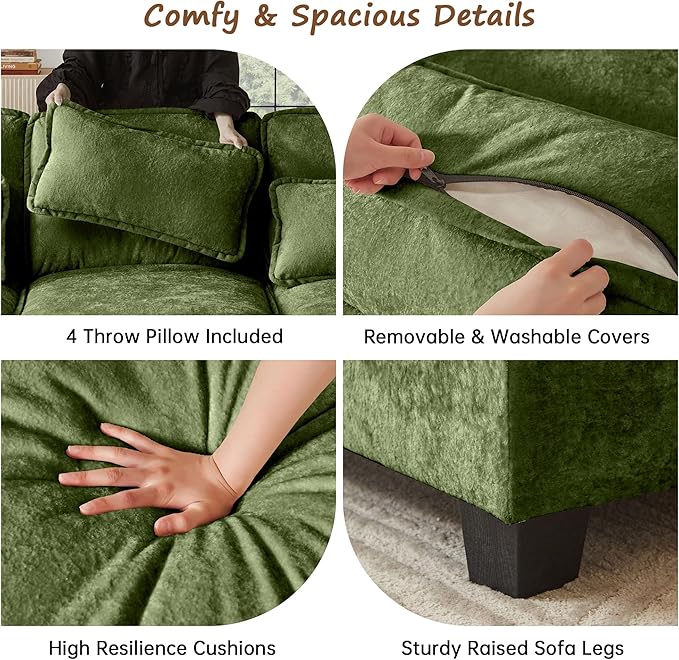 113 U Shaped Sectional Sofa Comfy Cloud Couch Chenille Sofa Sleeper Deep Seat Sofa with 4 Throw Pillows 4-Seater Double-Layer Modern Sofa for Living Room Green