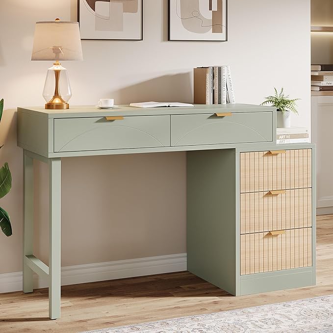 Tribesigns Computer Desk with 5 Drawers Reversible Small Writing Desk with Storage Modern Wooden Study Table Office Workstation for Home Office Small Spaces Mint Green