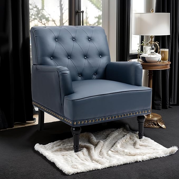 MOJAY Faux Leather Accent Chair Set of 2 Mid-Century Modern Living Room Chair Lounge Study Sofa Chair with Sturdy Wood Legs Club Chair Armchair for Bedroom Home Study Reception (DarkBlue)