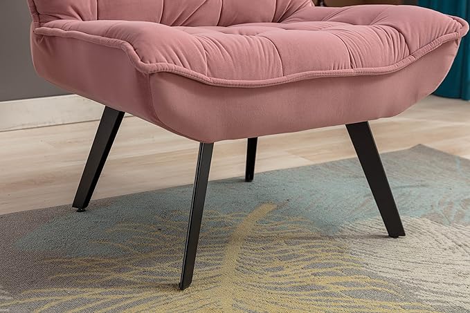 Modern Soft Velvet Fabric Material Large Width Accent Chair Leisure Chair Armchair TV Chair Bedroom Chair with Ottoman Black Legs for Indoor Home and Living RoomPink