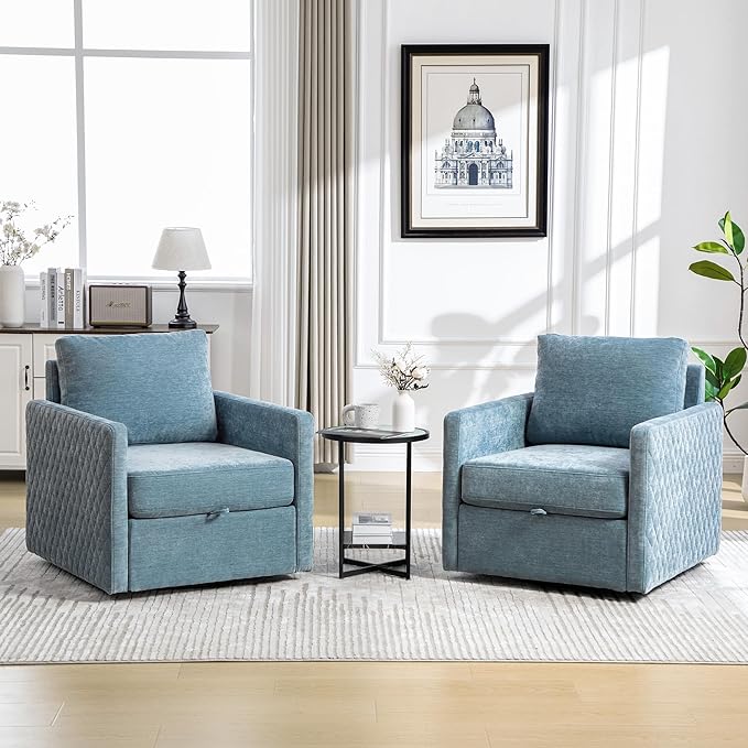 KEIKI Modern Upholstered Swivel Accent Armchair with Storage Single Sofa Chair for Bedroom or Den