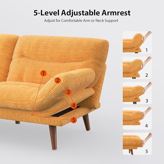 Pipishell Futon Sofa Bed 66 Inch Corduroy Futon Couch Convertible with Adjustable Backrest and Armrests Recliner Sleeper Sofa for Small Spaces Living Room Office Guest Room (Yellow 66 Inch) | Ad