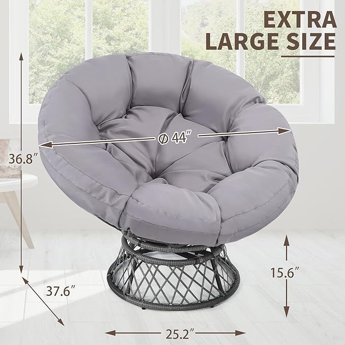 46 Giant Oversized Rattan Papasan Chair with Cushion and Frame for Adults Fluid 360° Swivel Waterproof Grey Frame with Light Grey Cushion