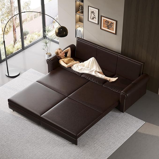 93.7 King Size Chesterfield 3-seat Pull Out Sofa Bed Leather Sofa Bed with Nailhead Trim and Rolled Arm 3-in-1 Sofa Sleeper for Living Room Apartment Office Dark Brown