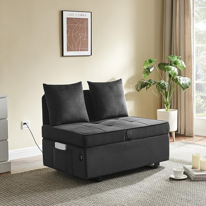 Sofa Bed 4-in-1 Convertible pull out Couch Velvet Love seat Couch Sleeper Chair Bed with 2 Throw Pillow Single Recliner with 5 Adjustable Backrests for Living Room Apartment Small Space Dark Grey