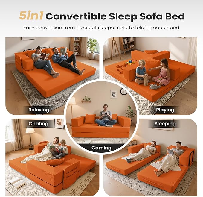 5‑in‑1 Futon Sofa Bed Queen–Floor Foldable Convertible Sofa Couch with L‑Shaped Armrests Removable Cover Orange Convertible Guest Bed | Space‑Saving Fold‑Out Mattress Lounge for Living Room/Bedroom