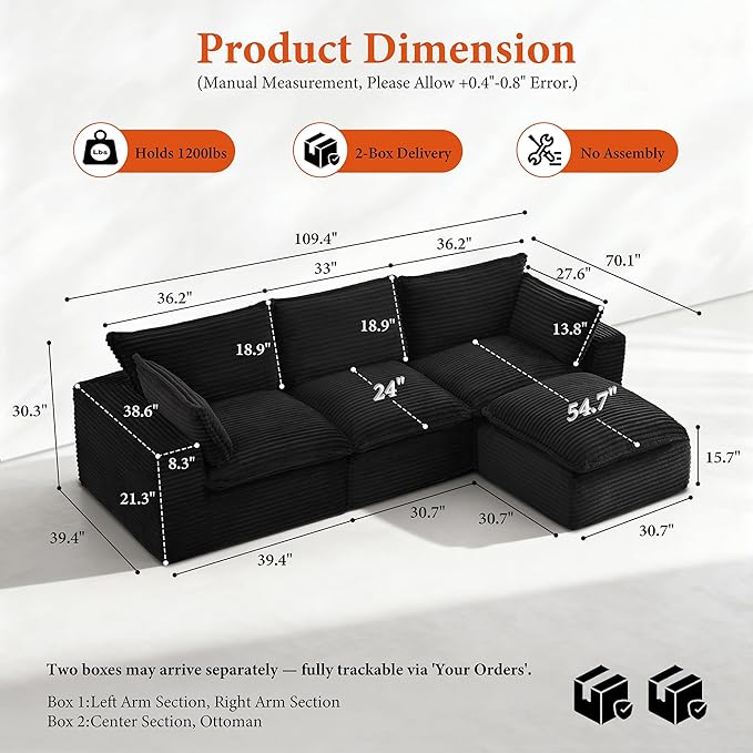 110 Sectional Couches for Living Room Boneless Couch Upholstered Cloud Couch Sectional Modular Sectional Sofa with L Shaped (Corduroy-Black 3 Seat+1 Ottoman)