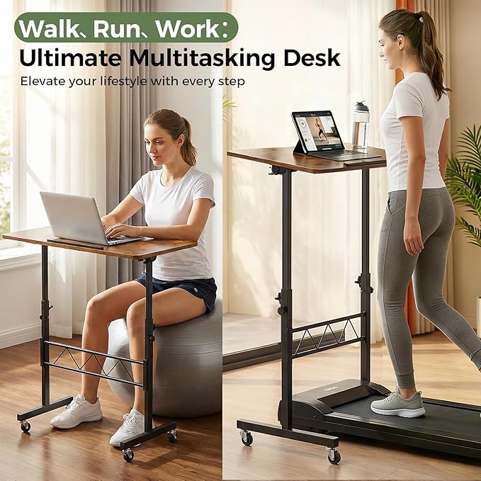 GTPLAYER Small Standing Desk Adjustable Height 30.7-46.4 Portable Computer Table Mobile Desk Workstation Stand Up Desk with Wheels Compact Rolling Table for Home Work Treadmill Walking Pad Brown