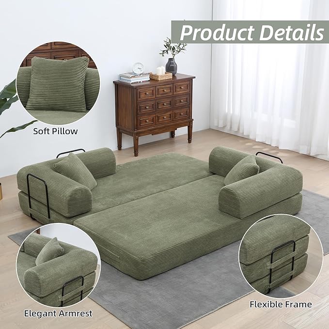 Convertible Folding Sofa BedFold Out Floor Sofa Couch with Fixed-Shape FrameCorduroy Foldable Mattress Cloud Couch for Living Room Bedroom (Light Green 78 Inch)
