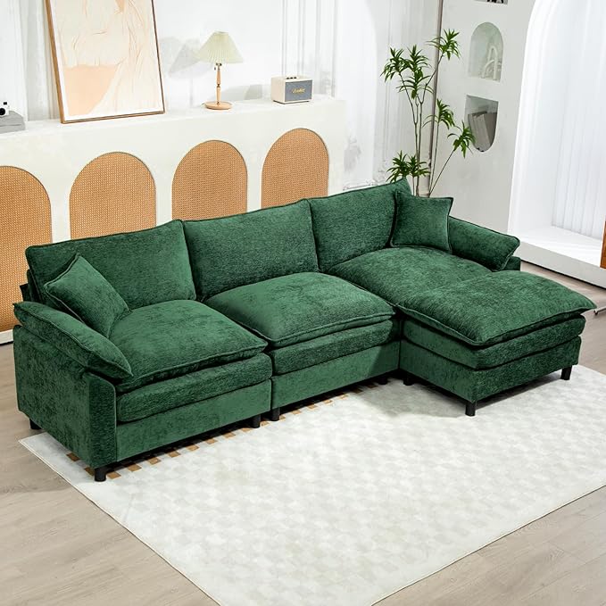 Chenille Modular Sectional Sofa 111.8'' Comfy Cloud Sofa Couch with Remove Ottoman Large L-Shaped Sofa for Living Room Extra Deep Seat Sofa with Pillows DIY Green