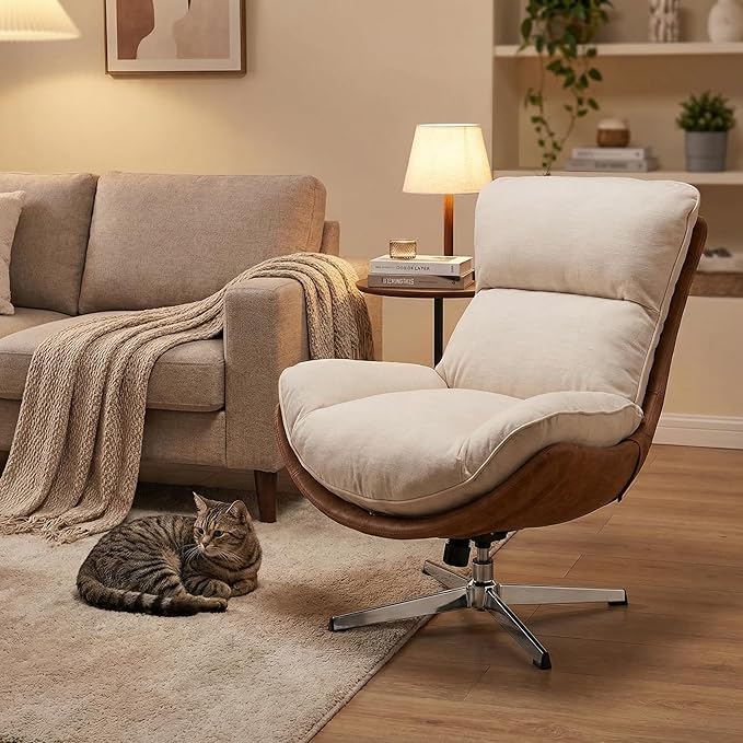 DUOMAY Swivel Accent Chair Modern Linen Soft Foam Lounge Chair with High Back Comfy Rocker Chair for Living Room Bedroom Reading Room Office Tilt &amp Swivel Chrome Base Beige