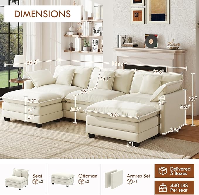 WorthFurni 111.4” Modular Sectional Sofa U Shape Cloud Couch with 2 Movable Ottoman Comfy Chenille Deep Seat Sofa with Soft Pillows for Apartment Living Room Bedroom（Beige）