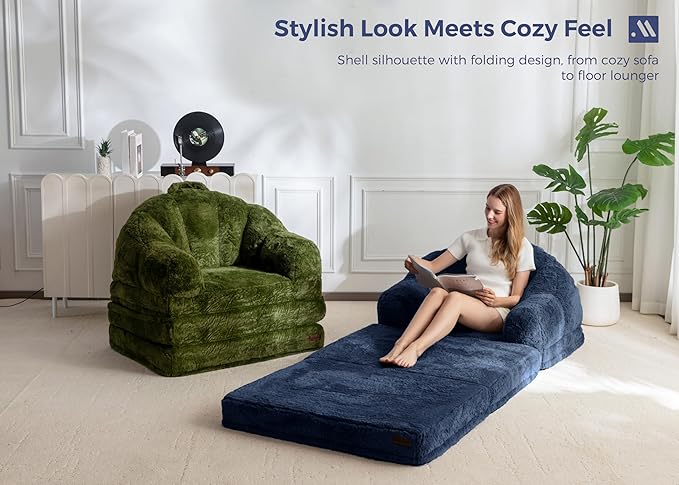 MAXYOYO Folding Sofa Bed 2 in 1 Convertible Sofa to Lounger Comfy Single Bean Bag Chair for Adults Floor Sleeper Couch with Handle Faux Fur Couch Bed for Living Room Bedroom Navy