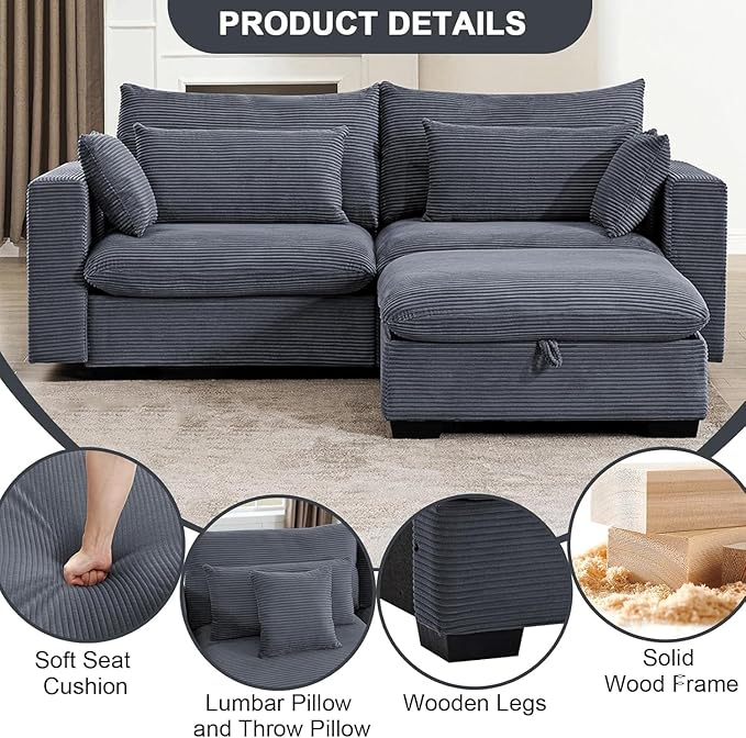 87 Modular Sectional Loveseat Sofa with Storage Ottoman Corduroy 2-3 Seater Couch for Small Spaces Oversized Love Seat Couches for Living Room Bedroom Home Office Sofa with Deep Seats (Dark Grey)
