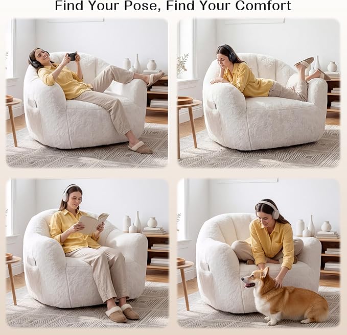 Giant Bean Bag Chair for Adults Shell-Shaped Oversized Bean Bag Couch with Armrests &amp Side Pockets Stuffed Floor Sofa for Reading Playing &amp Relaxing Beige