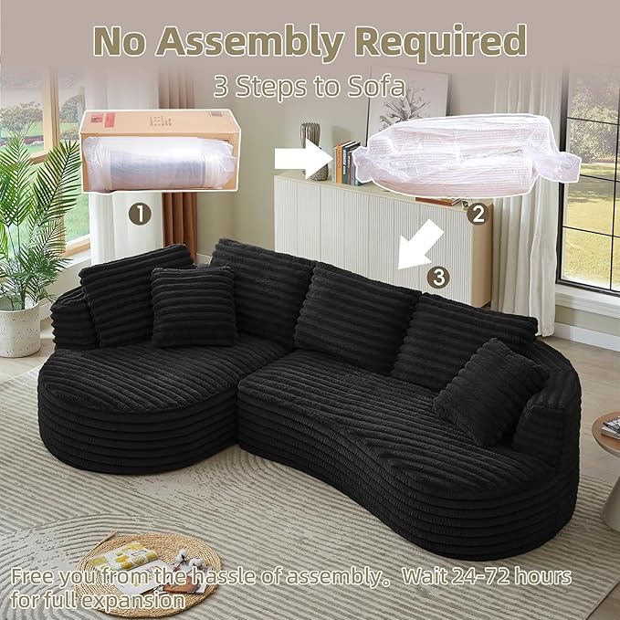 121 Cloud Sectional CouchOversized Corduroy Couches with L-Shape ChaiseModern Modular Sofa with Deep SeatUpholstered Boneless Couch for Living Room (Black Left Facing Chaise)
