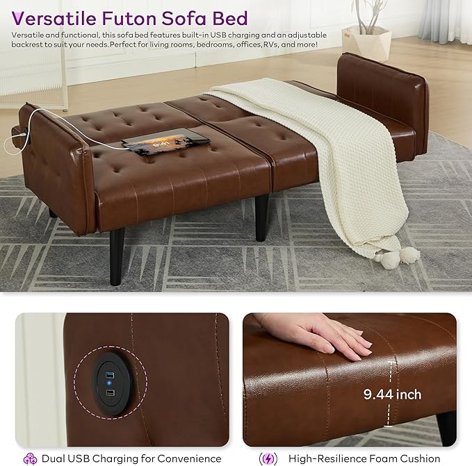 TYBOATLE 65“ Convertible Futon Sofa Bed w/ 2 USBTufted Small Adjustable Folding Couch Loveseat Modern Mid Century Faux Leather Sleeper Sofa for Living Room BedroomOffice Brown
