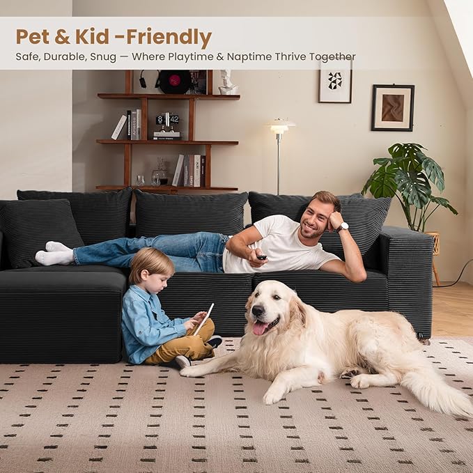 108 L-Shaped Boneless Couch Modular Sectional Sofa with Moveable Ottoman Corduroy Cloud Couches for Living Room No Assembly Ship in a Box Black