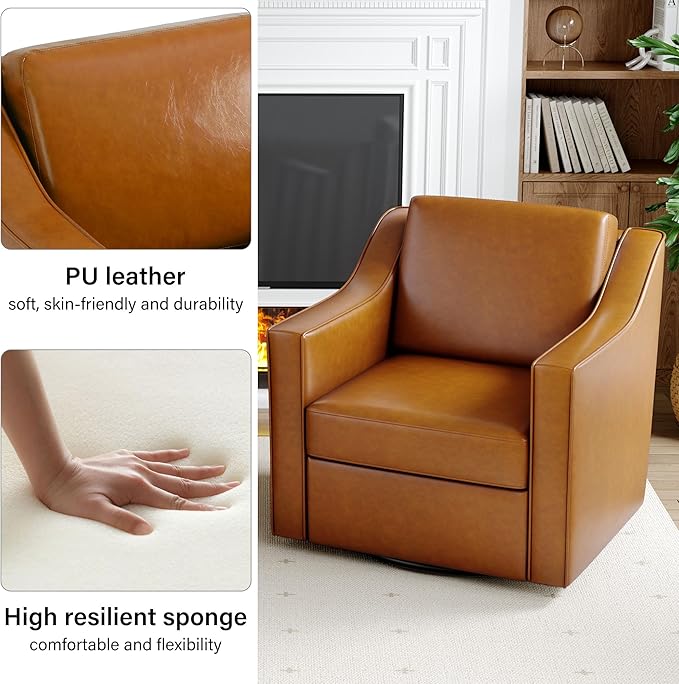 Swivel Accent Chair Modern Round Barrel Arm Chair for Living Room Bedroom Comfy Club Reading Chairs for Adults (Leather Brown Set of 2)
