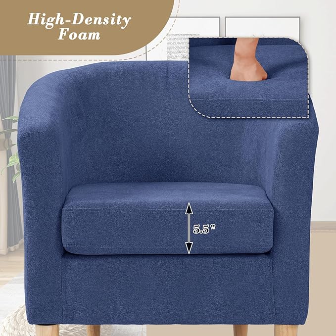 Athena Collection Modern Accent Chair with Ottoman Linen Barrel Sofa Chair Comfy Upholstered Armchair Reading Chair with Thickened Seat Cushion for Bedroom Living Room Navy Blue