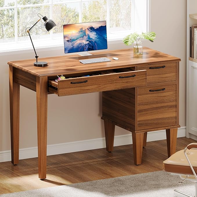 Tribesigns 47 Wood Computer Desk with 3 Drawers Farmhouse Small Office Desk with File Drawers Writing Table with Storage for Home Office Bedroom Study Room Brown