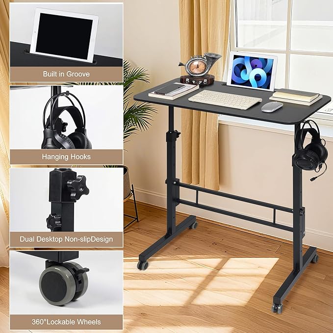 Standing Desk Adjustable Height Rolling Walking Pad Desk Small Mobile Table with Wheels Portable Stand Up Table for Standing or Sitting Size 31.5x15.7 Inch Black