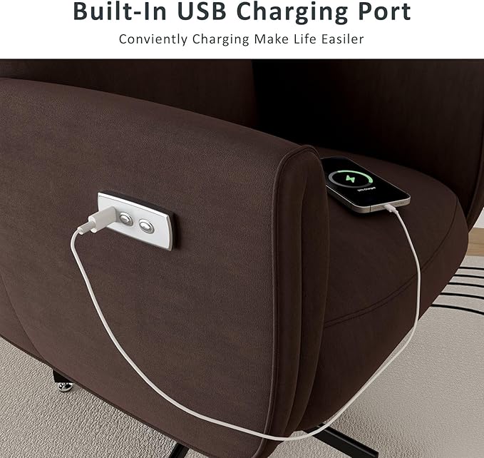 Power Swivel Recliner Chair Modern Electric with USB &amp Type-C Ports Upholstered Velvet Swivel Recliner Chair 360° Swivel for Office &amp Living Room Easy Assembly (Coffee)