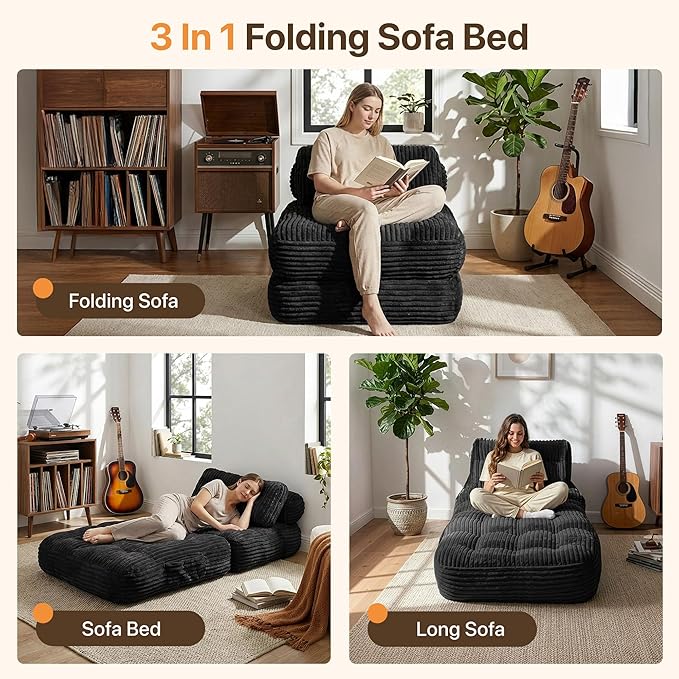 Claiks Folding Sofa Bed Boneless Chair with Pillow Sleeper Sofa with Back Support Sleeper Chair Portable Fold Out Chair Bed Comfy Foldable Mattress for Living Room Black Single