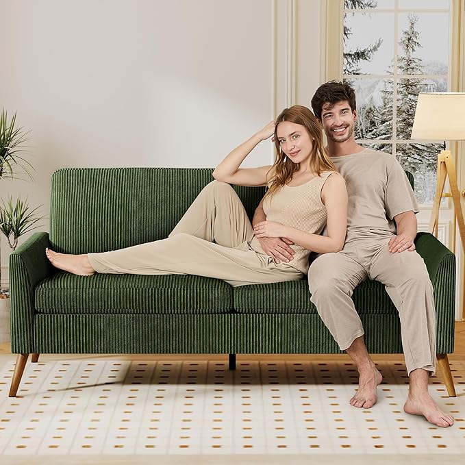 Vipbear 68 Loveseat Sofa - Green Comfy Corduroy with Spring Cushion Solid Wood Frame Modern Deep Seat Bedroom &amp Living Room Office Small Couch