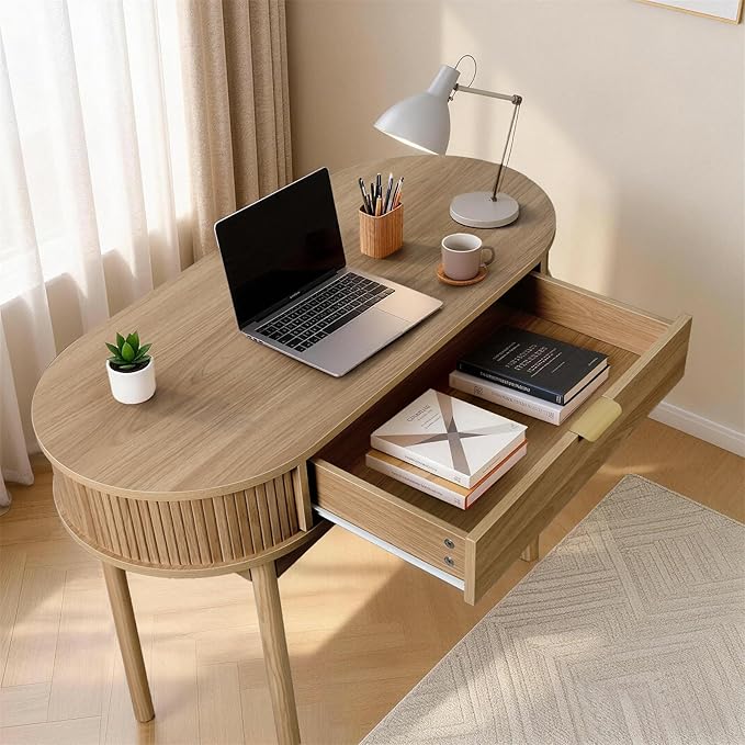 Fluted Small Computer Desk with Drawer 40 Inch Mid-Century Modern Writing Desk with Solid Wood LegsCompact Study Table for Small Spaces Home Office BedroomWalnut