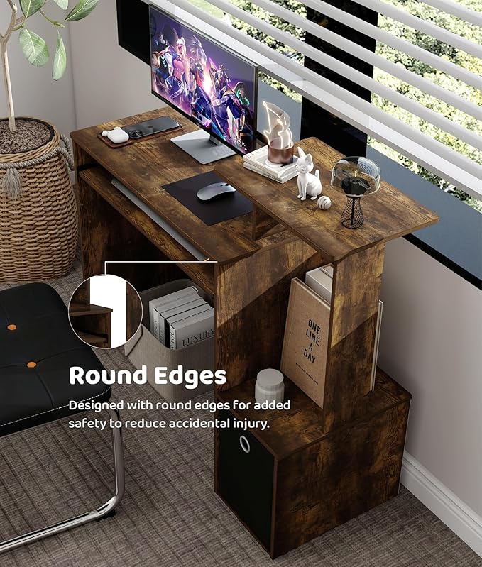 Small Computer Desk with Drawers Wood Writing Desk with Storage Shelves for Home Office Bedroom Living Room Walnut/Black