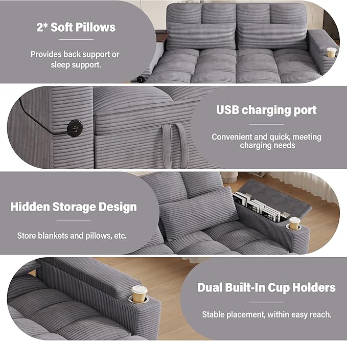 65'' Sleeper Sofa with Pull Out Bed 3 in 1 Convertible Sofa with Cup Holder and Storage Armrests Corduroy Loveseat with Swivel Table Adjustable Backrest &amp Charging Ports for Living Room Purple