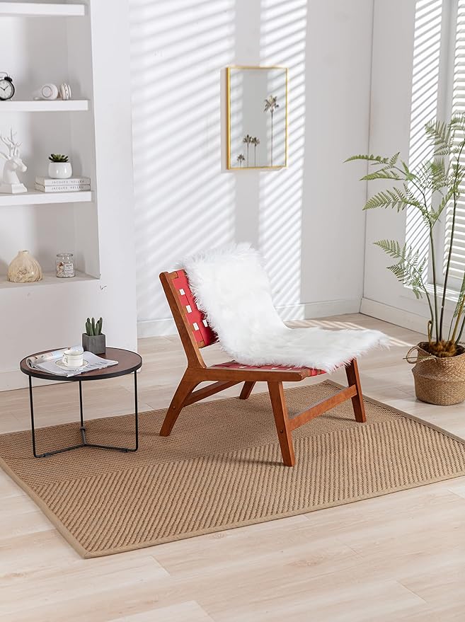 Solid Wood Frame Chair with White Faux Wool. Modern Accent Chair Lounge Chair for Living Room