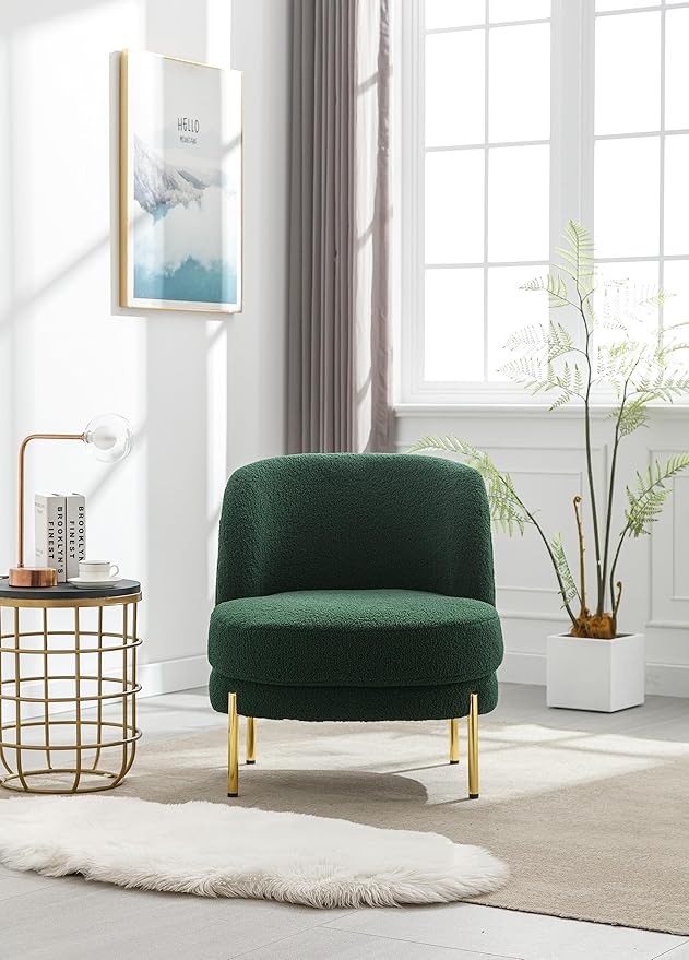 Generic 28.4 W Accent Chair Upholstered Curved Backrest Reading Chair Single Sofa Leisure Club Chair with Golden Adjustable Legs for Living Room Bedroom Dorm RoomGreen Boucle