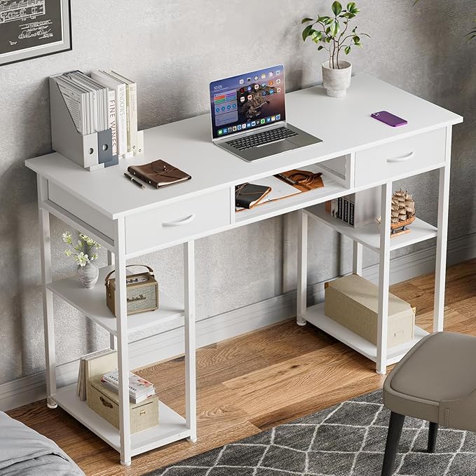 Sweetcrispy Computer Gaming Desk with Fabric Drawers - 48 Inch Home Office Bedroom Writing StudyTable with Storage Shelves Adjustable Feet PC Desk White