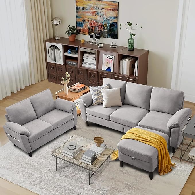 Convertible Sectional Sofa Set Modern L Shaped 3 Seat Sofa with Reversible Chaise and Love Seat Sofa Linen Sectional Couches for Living Room Light Grey